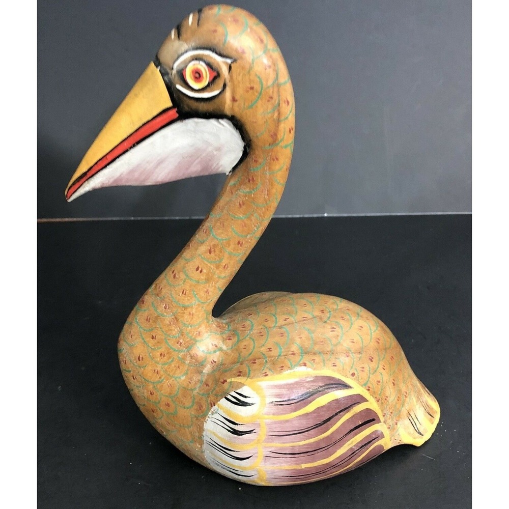 Hand Carved Pelican Folk Art Handpainted Wooden Bird 8" Tall Figure Decoy Decor